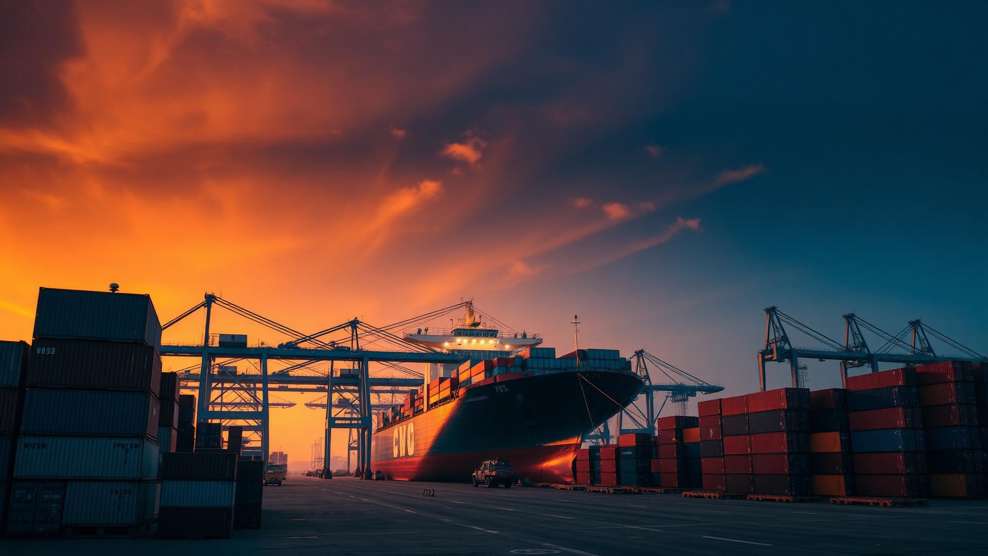 Cargo ship at Karachi Port at sunset